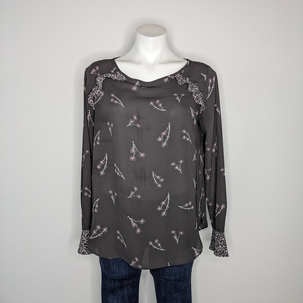 ✨3/$15 LOFT Outlet grey pink sheer floral blouse top S